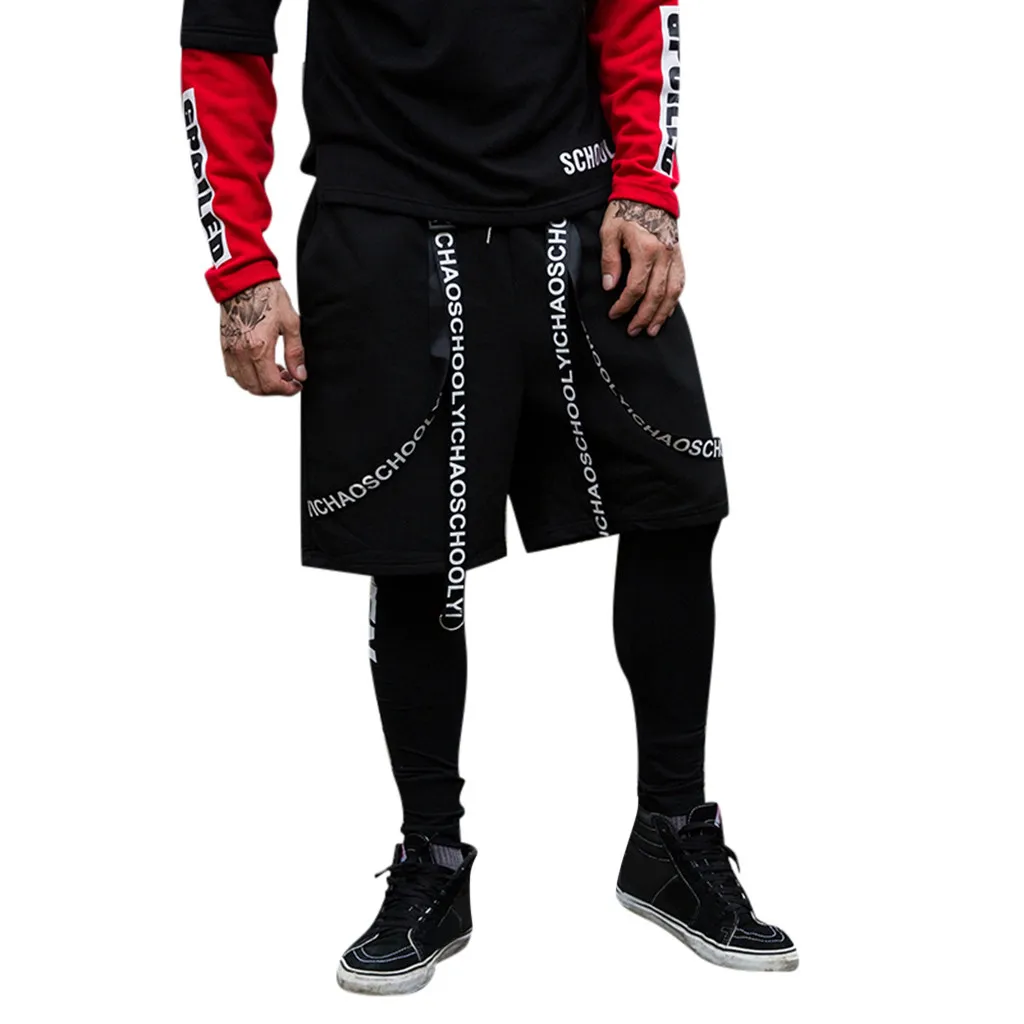 Мужские панк-рок хип-хоп шорты с лентами хип-хоп карго шорты Уличная одежда эластичные шорты со многими мужскими черными повседневными карманами