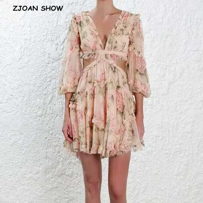 

2019 New Fashion Long Lantern Sleeve V-neck Back Cross Flower Printed Hollow Out Ruffles Split Joint Dress Sexy Women Dresses
