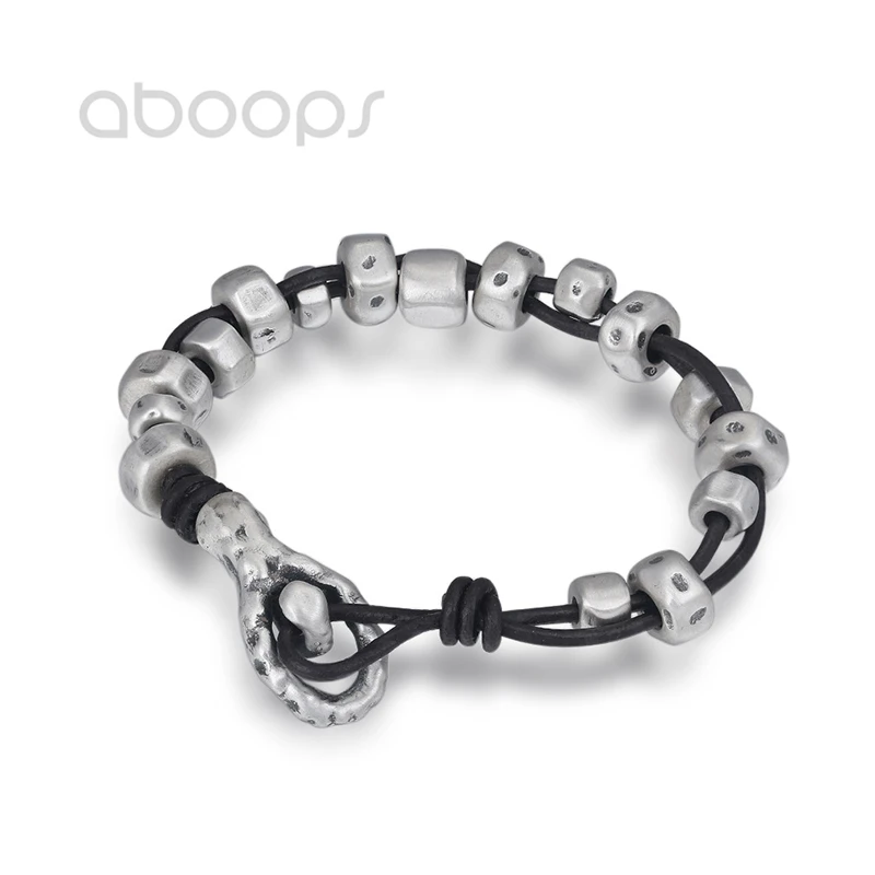 

Vintage 925 Sterling Silver Beads & Leather Bracelet for Men Boys 20 cm Free Shipping