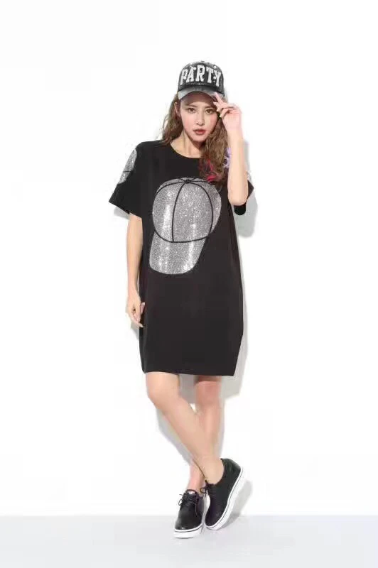 QING MO, женское летнее платье размера плюс,, стразы, короткий рукав, черное платье-рубашка, шляпа, узор, свободное платье, Femme QF664