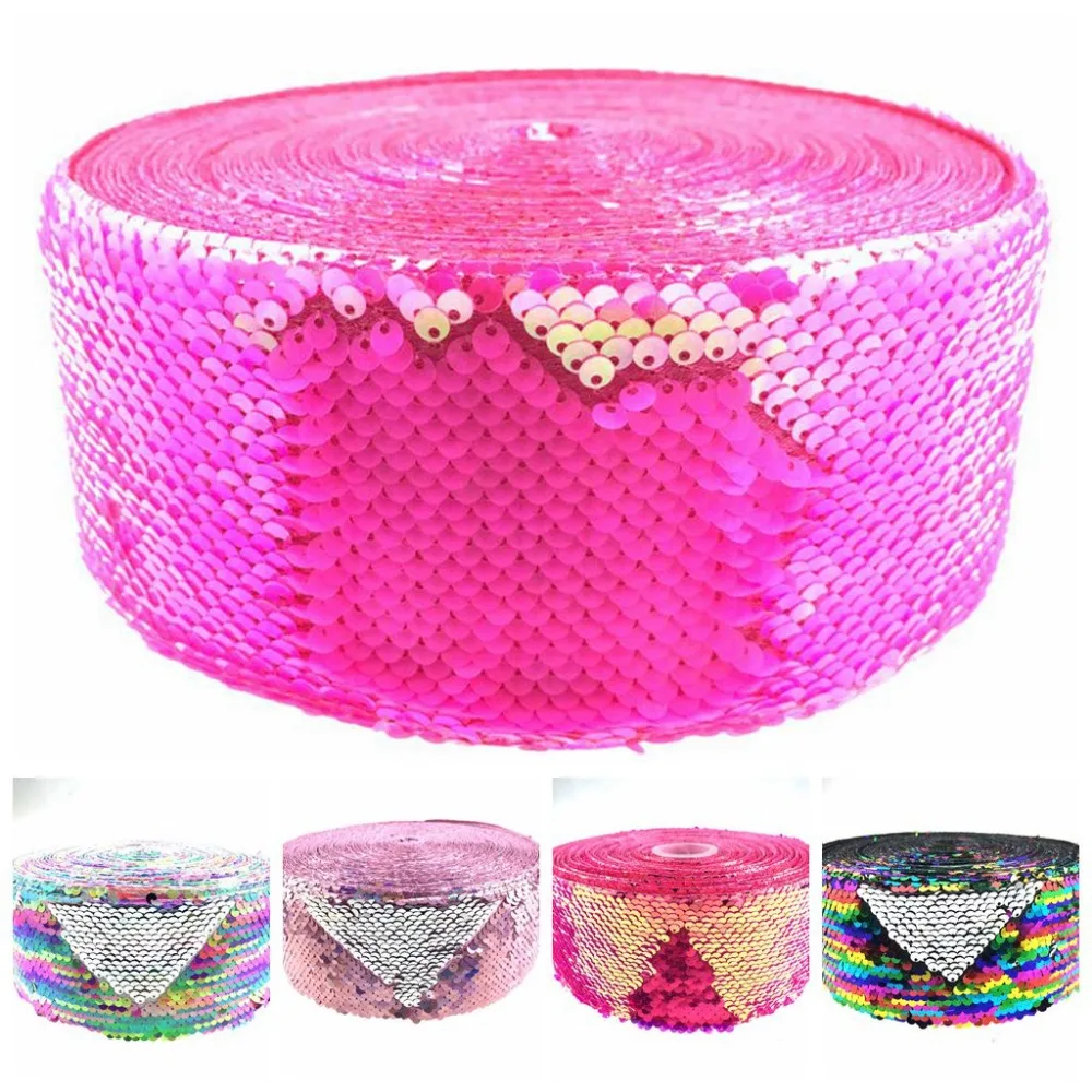 

3"75mm Double Color Reversible Sequin Ribbon Gold with Silver 50yards/roll Pink Hologram DIY Hair Bowknots Gift Packing