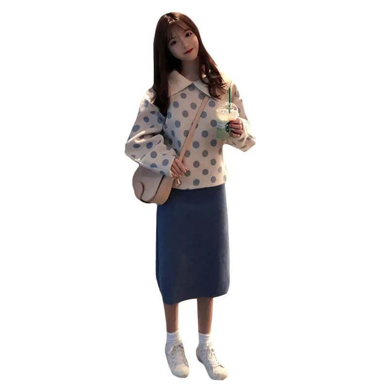 

Korean fashion Woman's sets autumn winter wave point plus velvet thick Wool sweater coat + Woolen skirt 2 two piece set women