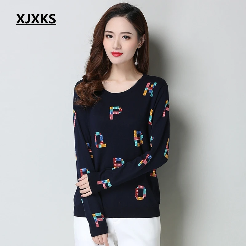 Noir Bonne Femmes Bleu De Hauts Chandail Lettre Pull Impression Chandails Tricoté blanc Anglais marine Qualité Mode À Xjxks Vintage 4SZBqPxwP