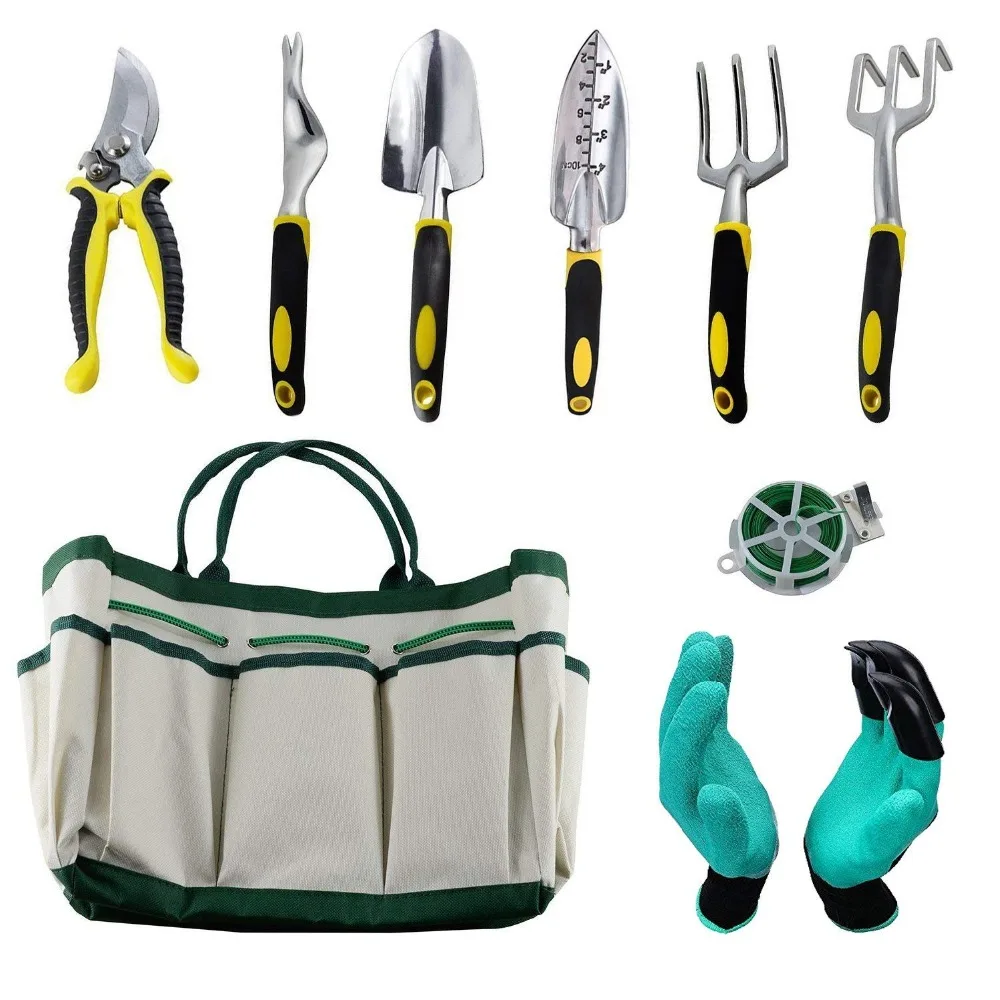 Garden Tools Sets 9 piece Gardening tool with Plant Tie Garden Tote and