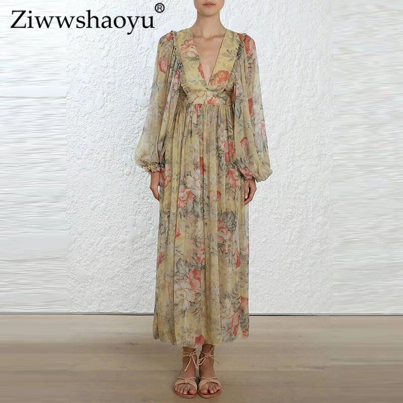 En Ligne Ziwwshaoyu Balnéaire Vacances Soie robe Bohème V cou Imprimer Ruches Puff Manches A ligne robe 2019 printemps et d été nouvelles femmes
