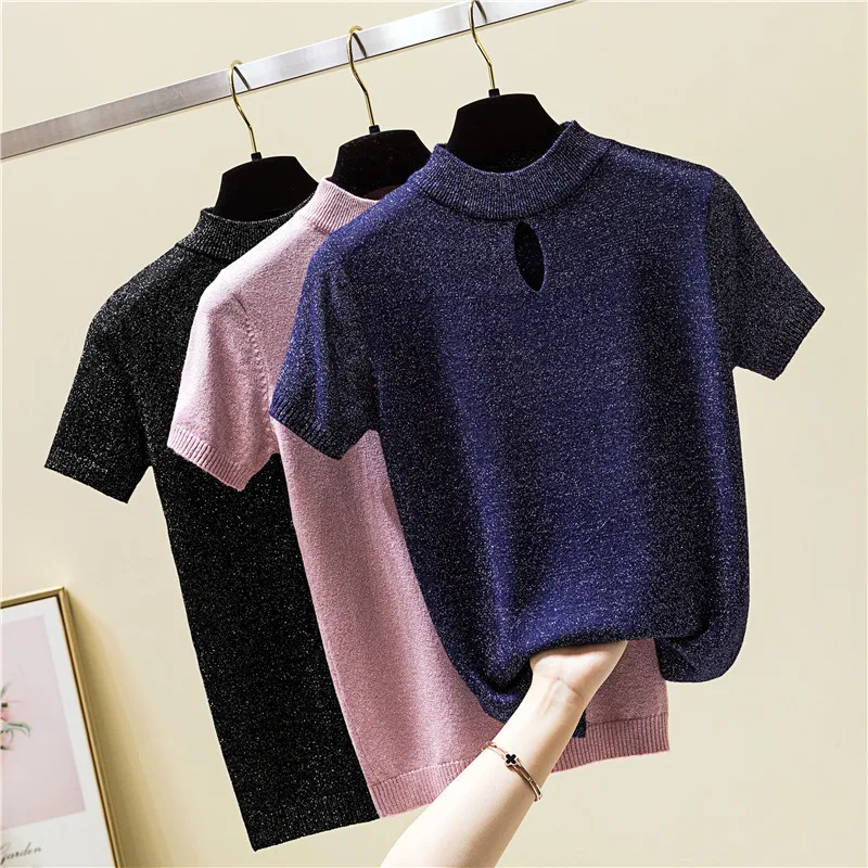 

Women Summer Hollow Out Bright Silk Knitted Half Turtleneck T Shirt Breathable Short Kintwear Tops Tshirt Sweater Pullovers