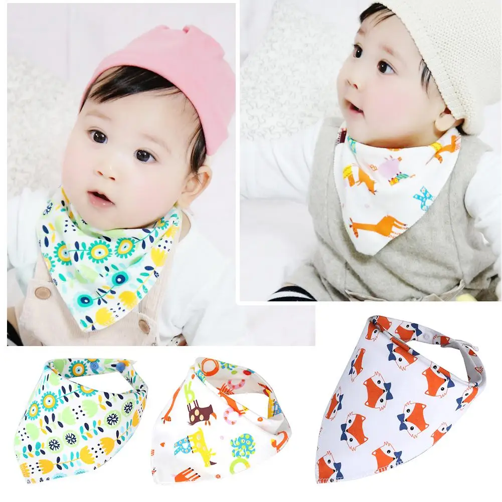 

Fashion Baby Newborn Unisex Knitted Fabric Cotton Cartoon Print Bibs Double-layered Triangle Baby Bibs