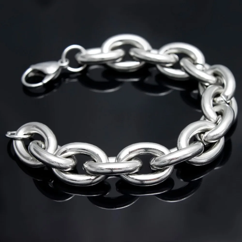 15mm 9 inches Smooth Silver Stainless Steel Men's ID Bracelet Curb Chain Jewelry 