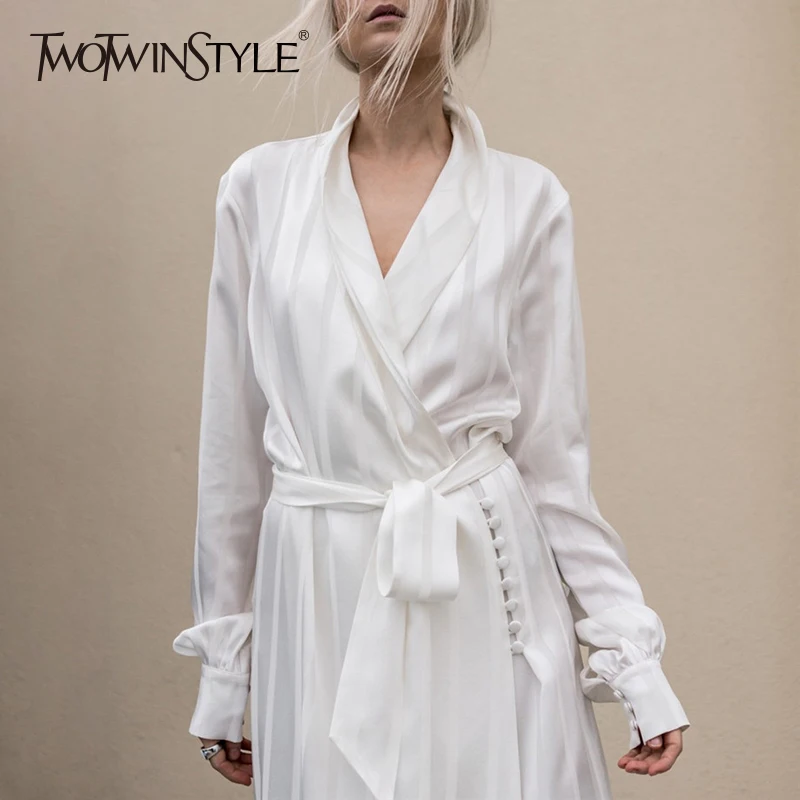 

TWOTWINSTYLE Silk Women's Striped Blouse V Neck Belt Bowknot High Waist Button Long Shirt Autumn Fashion Elegant Clothing 2019
