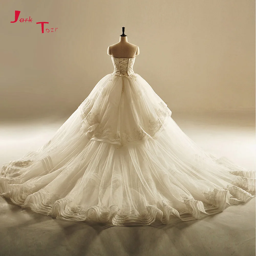 

Jark Tozr Custom Made Shiny Beading Crystal Pearls Tiered Skirt Appliques Lace Vintage Ball Gown Wedding Dresses 2019 Mariage