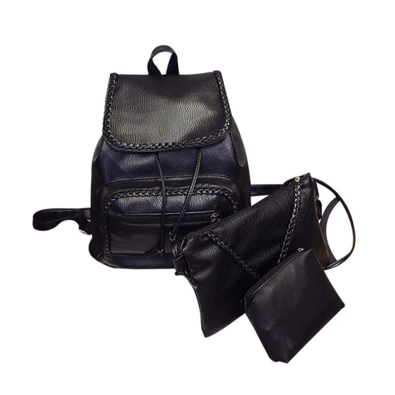 3PcsSet Mini Leather Backpack Women Small Backpack Drawstring Bag School Bags For Girls Black Shoulder Bag Crossbody Lady Purse