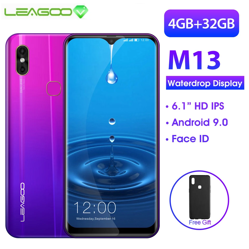 Смартфон LEAGOO M13 Android 9,0 19:9 6," с каплями воды, 4 Гб ОЗУ, 32 Гб ПЗУ, четырехъядерный процессор MT6761, отпечаток пальца, распознавание лица, 4G, мобильный телефон