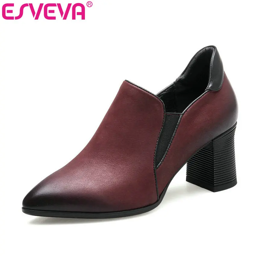 

ESVEVA 2018 Women Pumps Genuine Leather+PU Pointed Toe Dress Shoes British Style Slip on Square High Heel Pumps Big Size 34-42