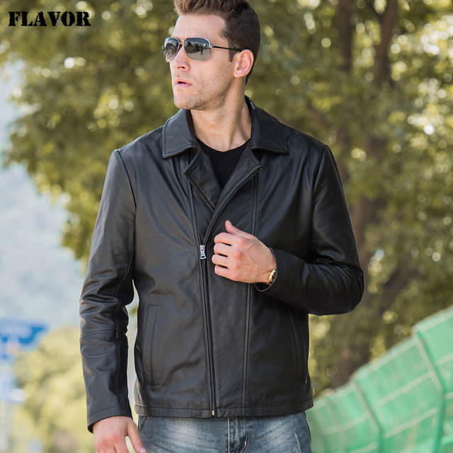 Men’s Real Leather Jacket Men Cowhide Leather Jacket with Turn-Down Collar