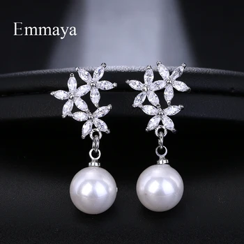 

Emmaya Brand Elegant Cubic Zircon Flower Stud Earrings Simulated Pearl Earrings For Women Bridal's Wedding Party Jewelry