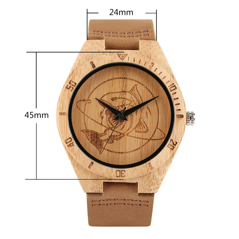 YISUYA Creative Wood Watch Shark Fish Mens Womens Natural Bamboo Wooden Quartz Wrist Watches Casual Leather Lucky Gifts Relogio