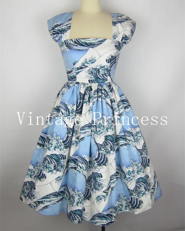Us 4749 5 Offsummer Women Vintage The Great Wave Print Sleeveless Swing Midi Dress Pin Up Rockabilly Cotton Plus Size 4xl Vestidos Dresses In - 