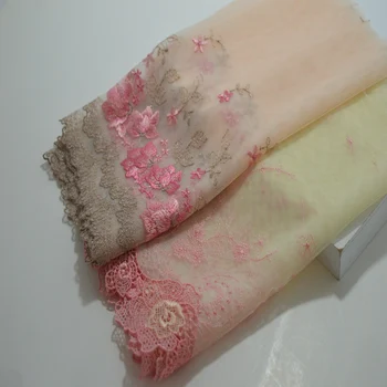 

somelace 25CM(2yds/lot)yellow~pink soft gauze pink floral Hight quality embroidery fabrics embroidery lace trim18081108