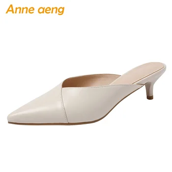 

2019 New Summer Genuine Leather Outside Women Slippers Middle Kitten Heel Sexy Ladies Women Cow Leather Shoes Mules Slides