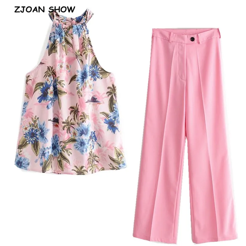 

2019 New Pink Flower Print Tide Bow Halter Tanks High Waist Straight Pants Women Backless Tank Top Sleeveless Vest 2 Pieces Set