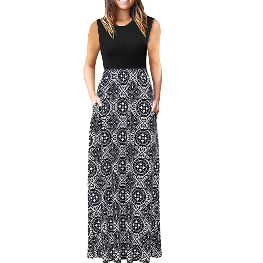 

Women maxi dress plus size O neck Summer Dress Sleeveless Casual Maxi Dress beach sexy Pockets long dress boho