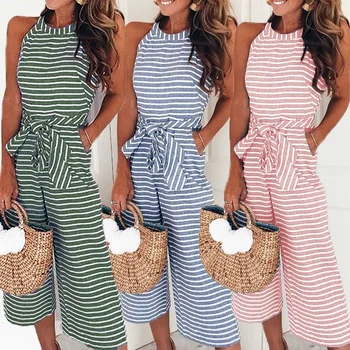 

2019 Summer Sexy Women Jumpsuits Sleeveless Striped Jumpsuit Belted Leotard Overalls Loose Trousers Wide Leg Pants Rompers