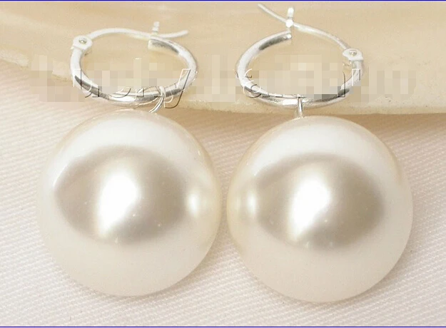 

AAA Dangle big 20mm white round sea shell pearls earring 925sc j7880Noble style Natural Fine jewe FREE SHIPPING