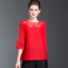 Miyake fold три четверти ремонт O-воротник одноцветное с расклешенными рукавами футболка