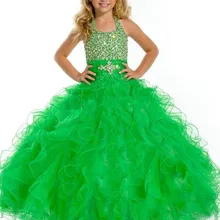 Зеленое платье из органзы для девочек в цветочек платья с лямкой на шее бусины Платья для девочек платье принцессы бальное платье с оборками Праздничное платье
