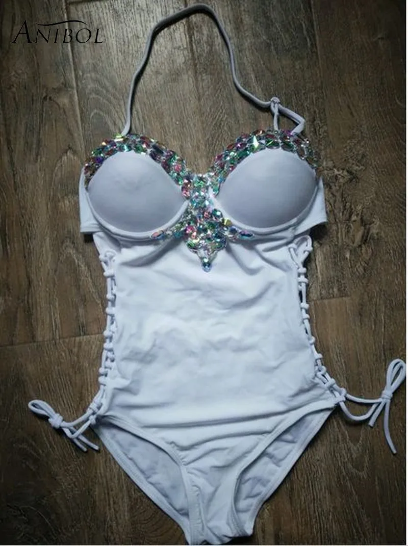 Anibol 2017 branco sexy strass uma peça
