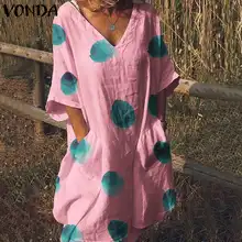 VONDA богемное платье женские винтажные платья в горошек с v-образным вырезом летние пляжные сарафаны повседневные свободные вечерние платья больших размеров