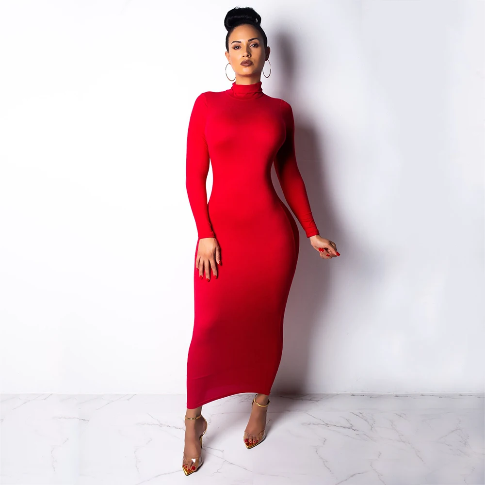 

Women's Elegant Long Sleeve Turtleneck Bodycon Midi Dress Female Club Party Streetwear Casual Solid Color Long Dresses Vestidos