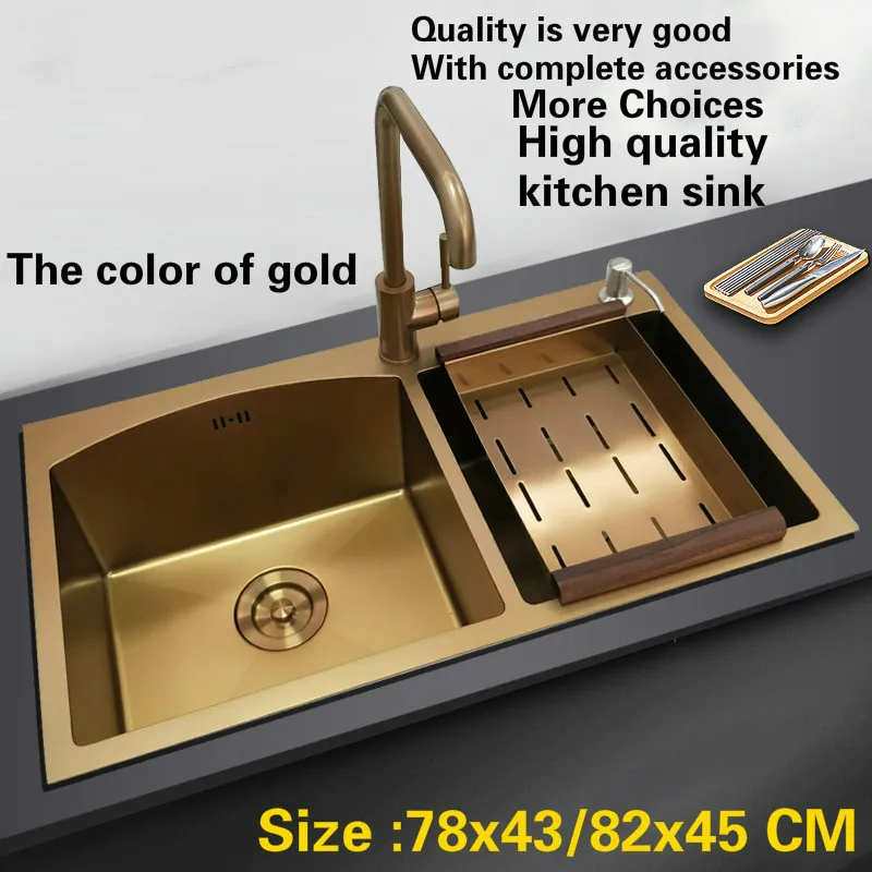 Free shipping Standard deluxe gold color kitchen manual sink double