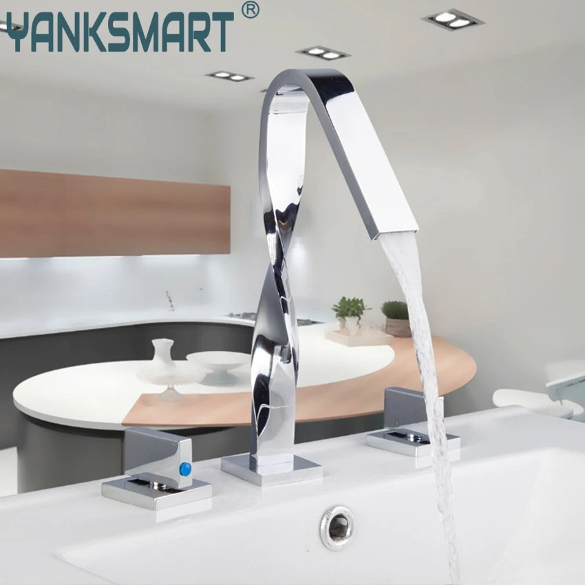 

YANKSMART Bathroom 3 Pcs Faucet Set 54A Lurxury Double Handles Chrome Waterfall Deck Mount Wash Basin Sink Vessel Tap Faucet