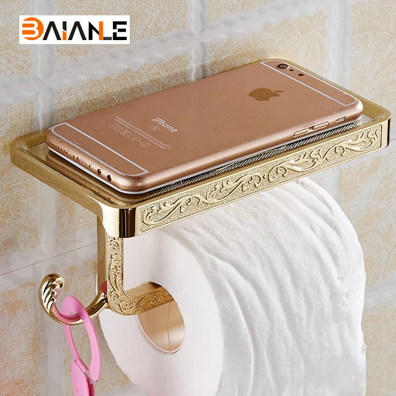 Billige Antike Gold Weiß Toilettenpapierhalter Handyhalter Mit Haken Bad accessoires Papier Regal