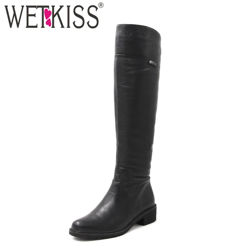 

WETKISS Thick Low Heels Knee High Riding Boots Women Round Toe Boot Zipper Footwear Warm Winter Genuine Leather Female Shoes