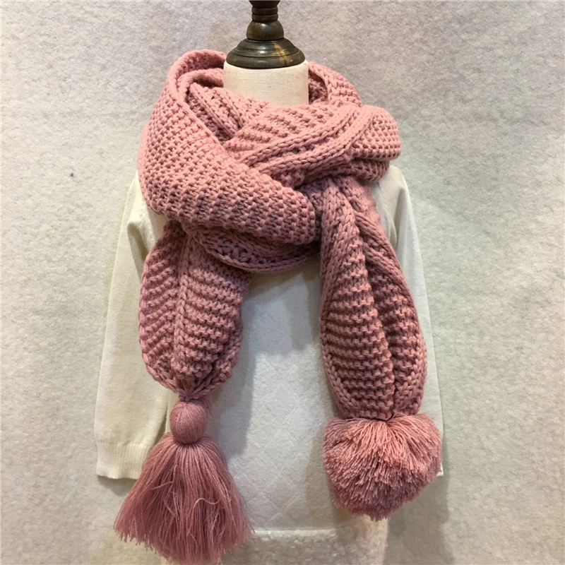 

280g/pc Female Winter Solid Knitted Scarf Acrylic Wool Big Ball Pompom Crochet Shawls Fringe Tassel Macrame Long Scarves YG452