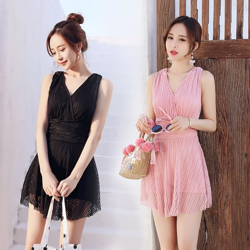 

2019 New Women Striped One Piece Skirt Swimwear Bathing Suit Swimming Dress Beachwear Summer Sexy Sports Push Up Swimsuit