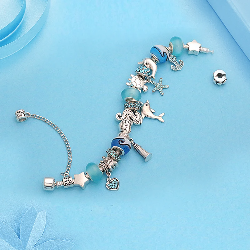 Dolphin Charm Bracelets Women Jewelry Gift Blue Murano Crystal Glass Diy Bead