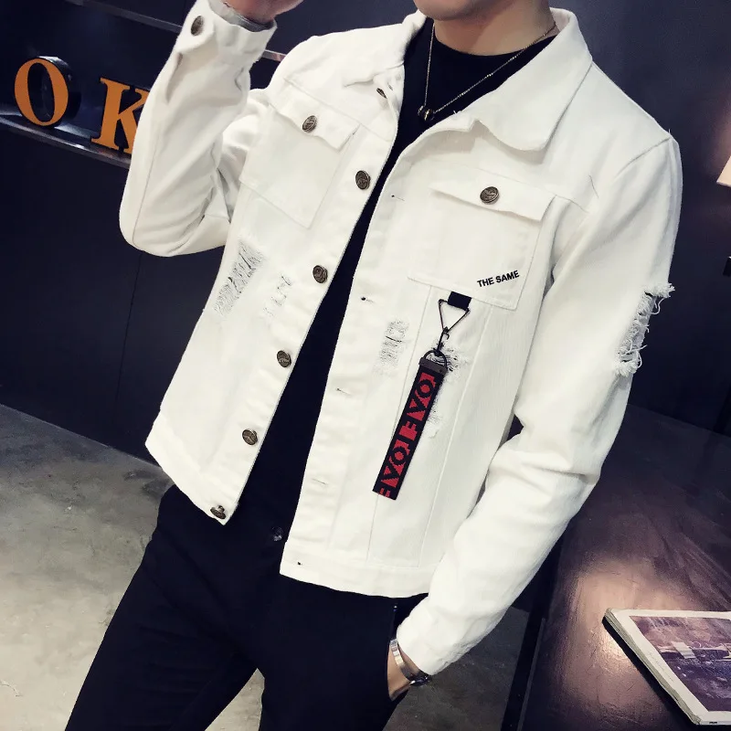 

Wholesale 2019 Spring Autumn Casual Ripped hole denim jacket male Letter Printed student cowboy white black teenagers jacket men