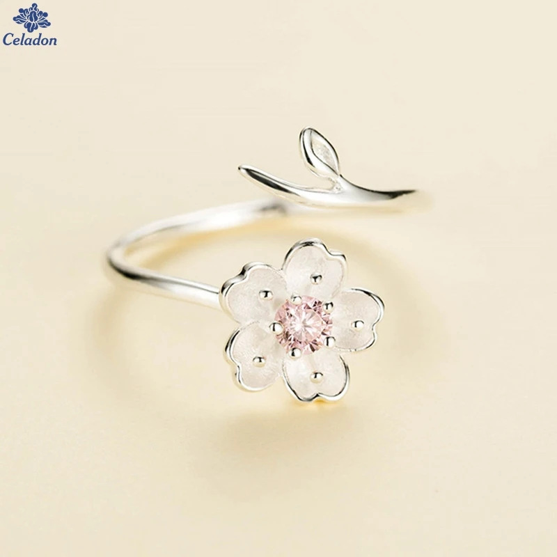 

New Fashion Pink Cherry Blossoms Open Rings For Women Original Design Lady Prevent Allergy copper and silver plated