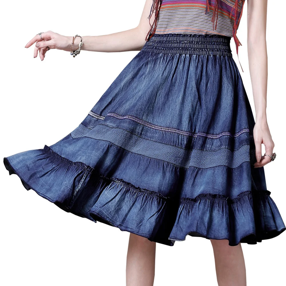 LXUNYI 2019 Summer Vintage Skirt Denim Women Patchwork High Waist Skirt