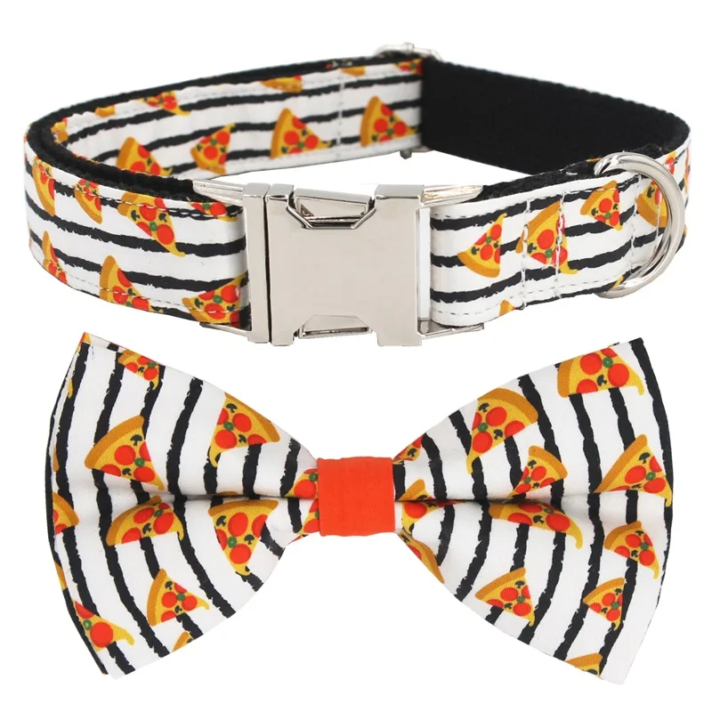 

Popular Pizza Pattern dog collar and leash with bow tie for big and small dog cotton fabric collar rose gold metal buckle