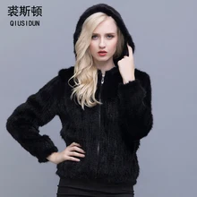 Real Mink Knitted Coat Fashionable Fur Coat With Chinese Fur Winter Jacket Large Lined Coat With Lining Hooded Black Coat