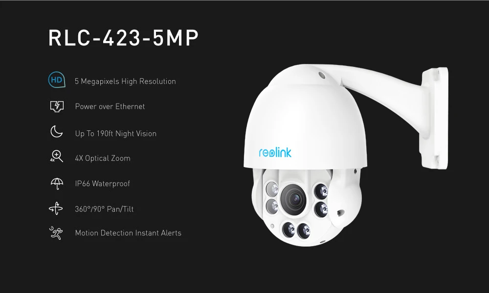 Reolink RLC-423-5MP PTZ IP камера 5MP панорамирование/наклон 4x оптический зум ночное видение IP66 водонепроницаемый открытый HD безопасности PoE Cam