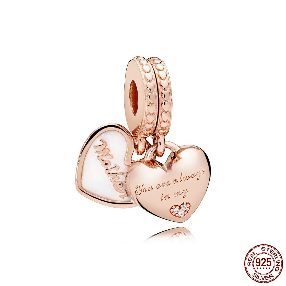 

SNS 925 Sterling Silver Fit Original Pandora Bracelet Beads Mother & Daughter Hearts Dangle Charm, Silver Enamel & Clear CZ