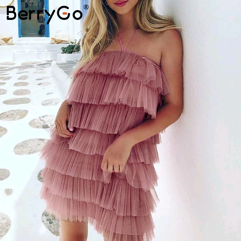 

BerryGo Sexy multi layer cake dress women Halter sleeveless mesh female summer dresses Party club ladies short dresses vestidos