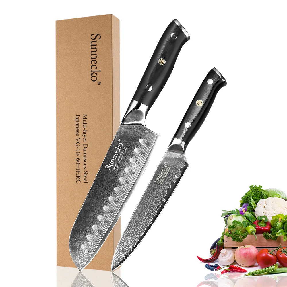 SUNNECKO Premium 2 PCS Kitchen Chef ชุดมีด Santoku มีดเหล็กดามัสกัส