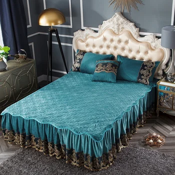 

Warm Soft Flannel Fleece Quilted Bed skirt Detachable Zipper Ruffled Bedskirt Bedspread set Twin Queen King size 3Pcs Bed set