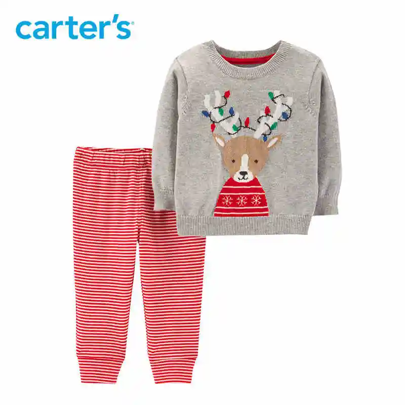 Carters Christmas baby clothing set reindeer long sleeve pullover sweater striped pant baby girl